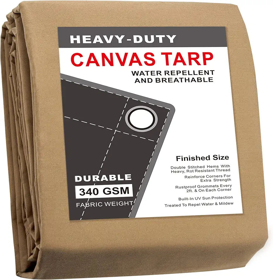 CARTMAN Finished Size 20x30 Feet Tan Canvas Tarp with Rustproof Grommets, Heavy Duty Multipurpose Tarpaulin Cover for Canopy Tent, Roof, Camping, Woodpile