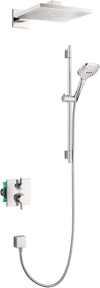 hansgrohe Raindance E Complete Shower System Shower Set Modern 3-Spray PowderRain, Rain, Full and Massage Volume and Auto Temperature Control in Chrome, Rough and Shower Valve Included 2 GPM, 04914000