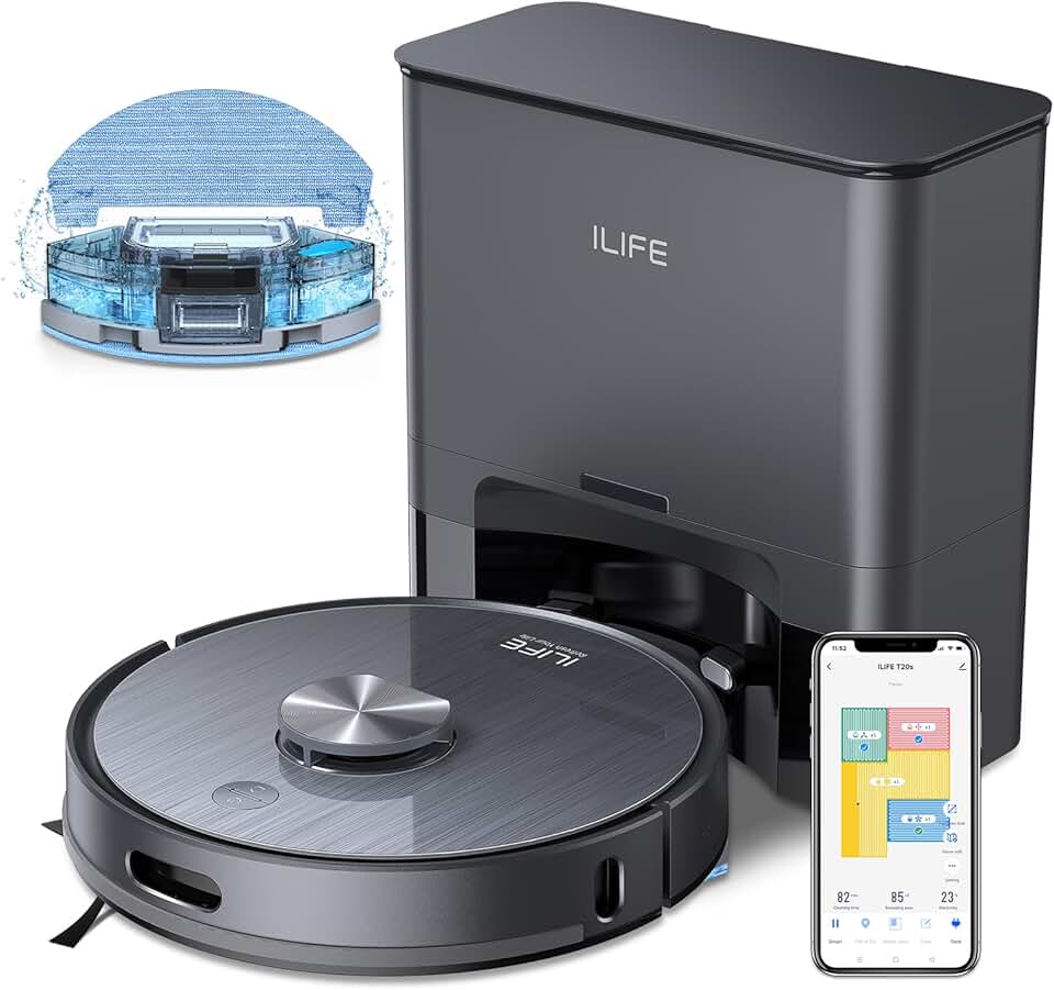 ILIFE T20s Robot Vacuum and Mop Combo, Self-Emptying, 5000Pa Suction, 70-Day Capacity, LiDAR Navigation, 260mins Runtime, App/Alexa Control, Robot Vacuum Cleaner for Hard Floors, Carpets and Pet Hair