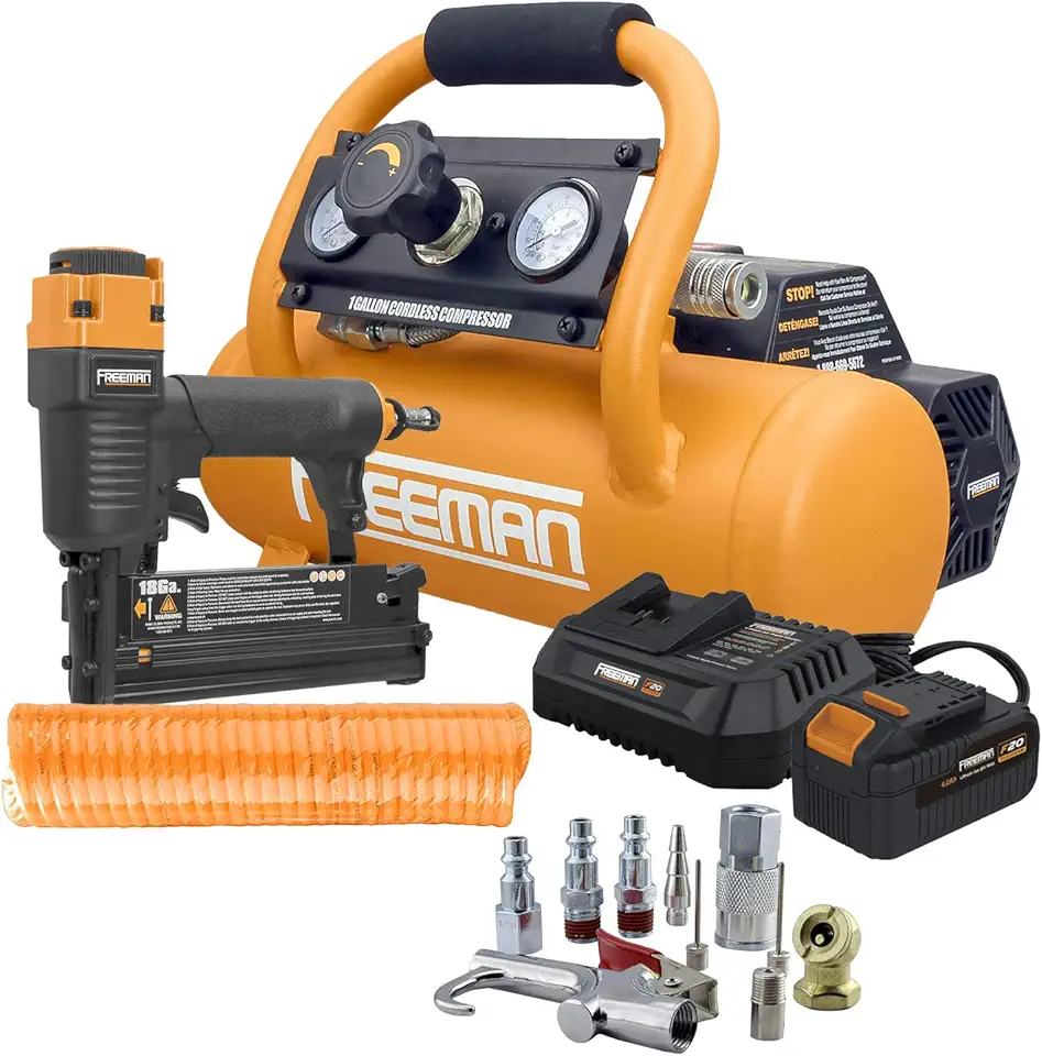 Freeman PE1GCCK 20V Cordless 1 Gallon Air Compressor with 3-in-1 Pneumatic Finish Nailer/Stapler, Battery, Charger, Air Hose, Inflation Accessory Kit and Fasteners (600 Count) – 700 Shots per Charge