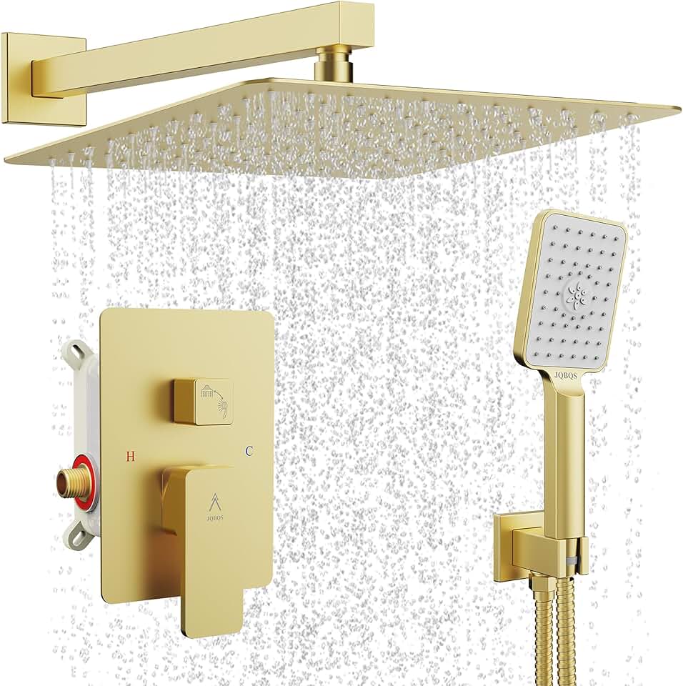 Shower System Modern Rain 12 inches Brass Faucet Set With Valve and Diverter Shower Mixer With Handheld High Pressure Square Rainfall Shower Rough-in Valve (12‘’ Wall Mount, Brushed Gold)