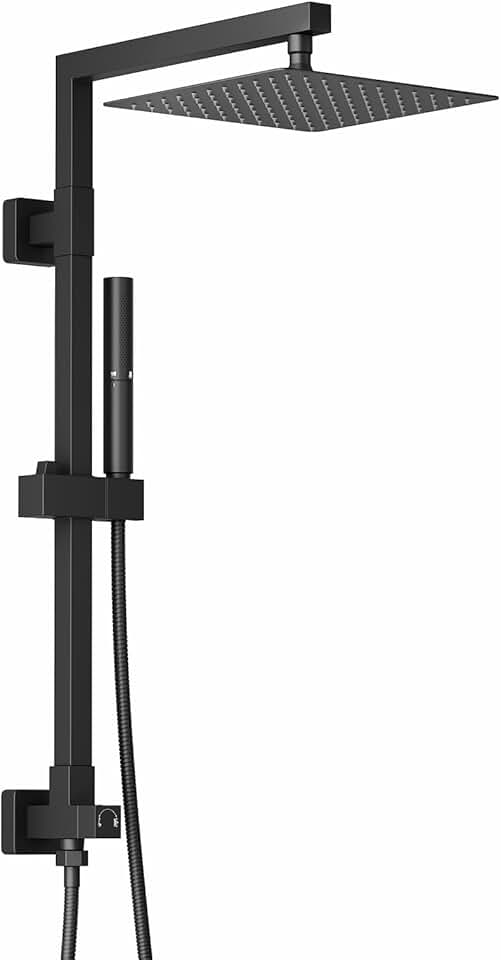 BESy Brass Shower Arm, Square 10 Inch Rainfall Shower Head with Handheld Spray Combo, Dual Showerhead Rain Set 2 Setting Hand Held Sprayer with Adjustable Slide Bar, With Shower Hose, Matte Black