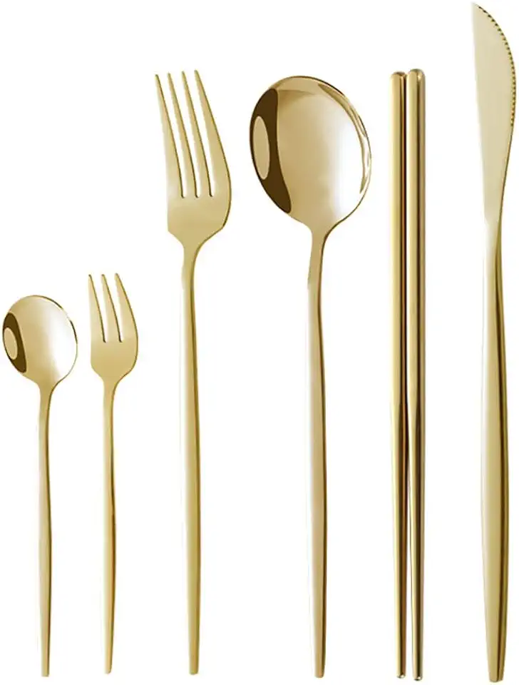 24-Piece Silverware Set with Chopsticks Flatware Set for 4,Stainless Steel Forks Spoons Knifes Dinnerware Set Reusable Cutlery Utensils Set for Daily Use Home Kitchen Party,Dishwasher Safe