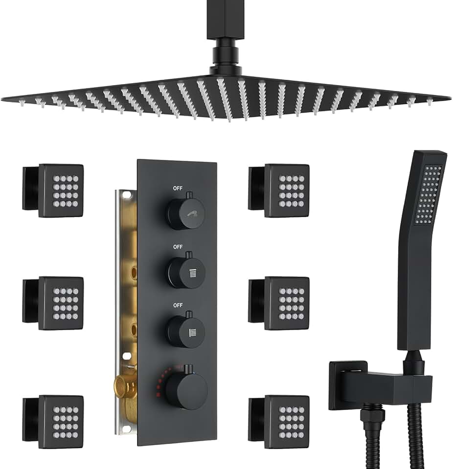 Matte Black Thermostatic Shower System with Full Body Jets & 16-Inch Ceiling Rainfall Shower Head Luxury Shower Faucet with Handheld Sprayer, Shower Fixtures Combo Set with Valve and Trim