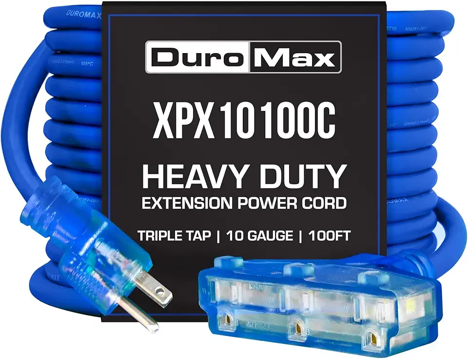 DuroMax XPX10100C Heavy Duty SJEOOW 100-Foot 10 Gauge Blue Triple Tap Lighted Extension Power Cord