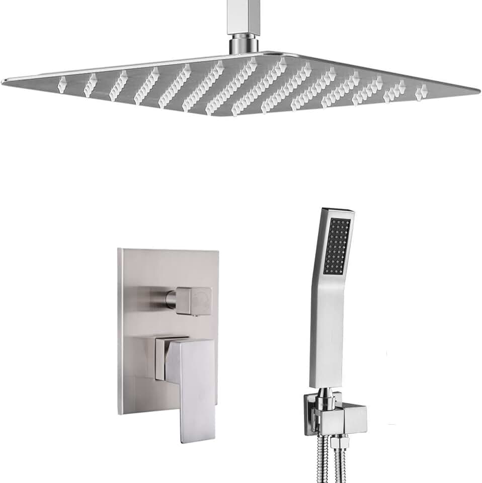 Shower System Brushed Nickel, 12 Inch Rain Mixer Shower Set with Handshower, Ceiling Mounted Shower Head System Shower Faucet with Valve and Trim