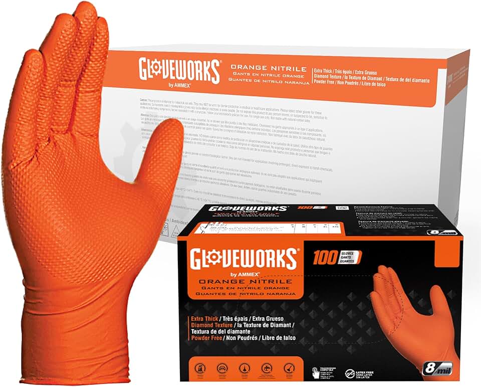 GLOVEWORKS HD Orange Nitrile Gloves, 8 mil Nitrile Disposable Gloves with Raised Diamond Texture, Mechanic Gloves Disposable