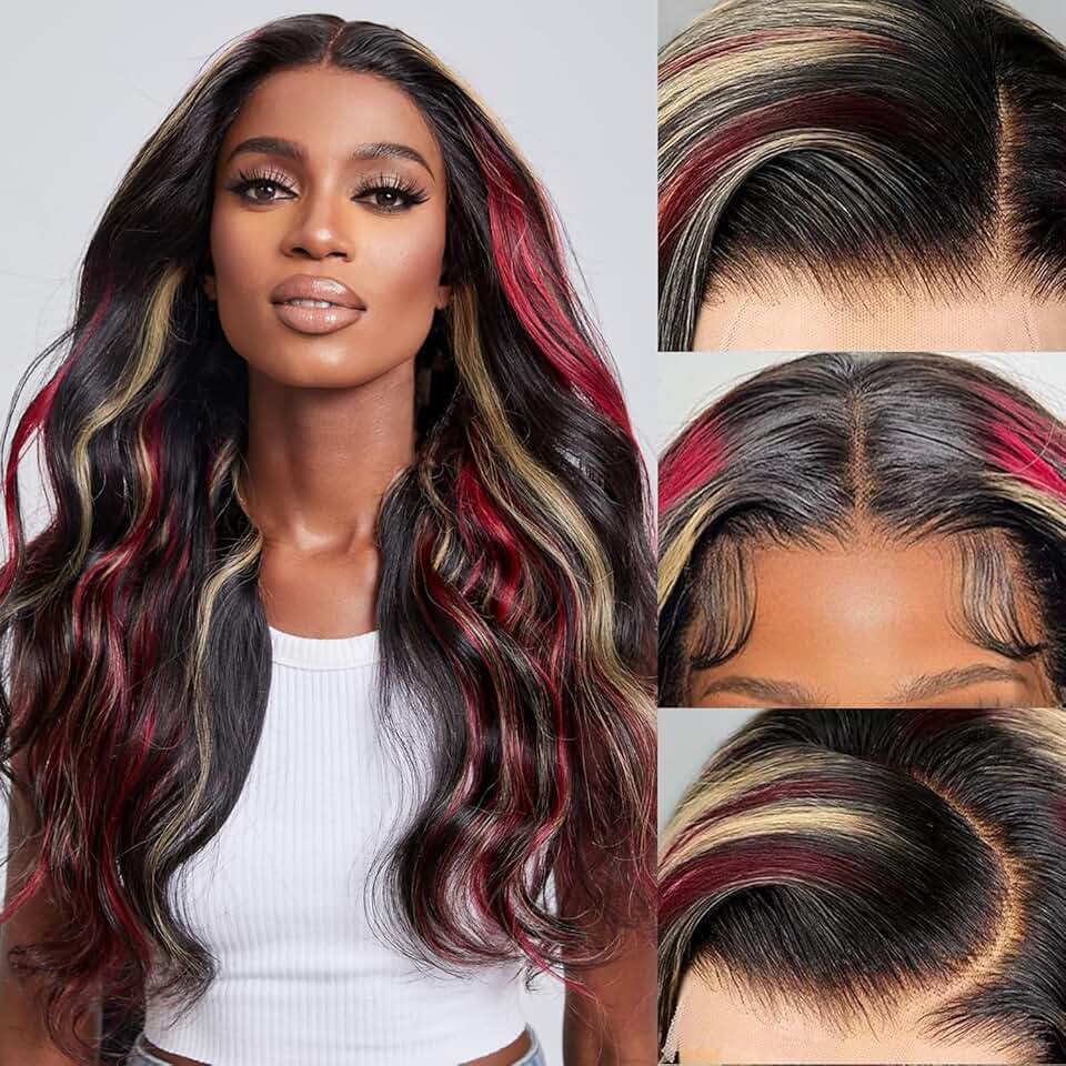 FABA Skunk Stripe Wigs Black Red Blonde Highlights Wig Human Hair 32 inch 13x4 HD Lace Front Wig Human Hair 180% Density Black and Red Wig Highlight Body Wave Wig Pre Plucked with Baby Hair