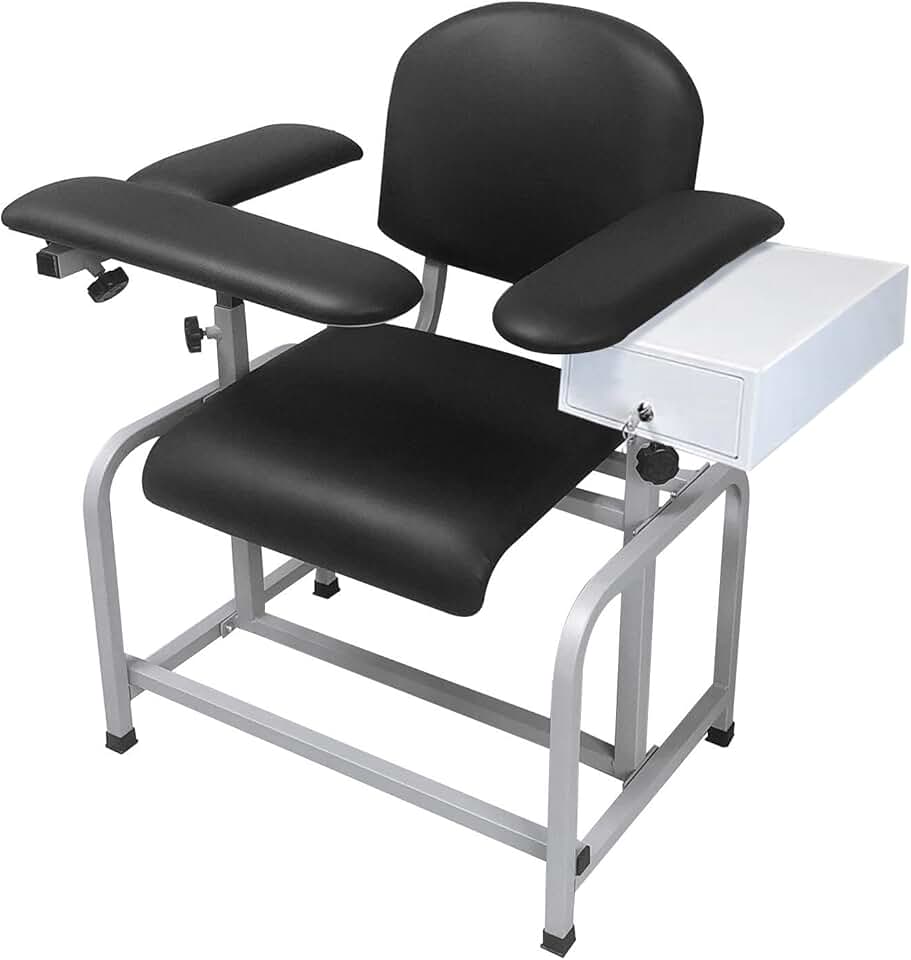 Helsevesen Comfortable Padded Blood Drawing Chair with Drawer, Clinic Chair with Soft Padded Seat, Phlebotomy Chair with Adjustable Armrest, Black