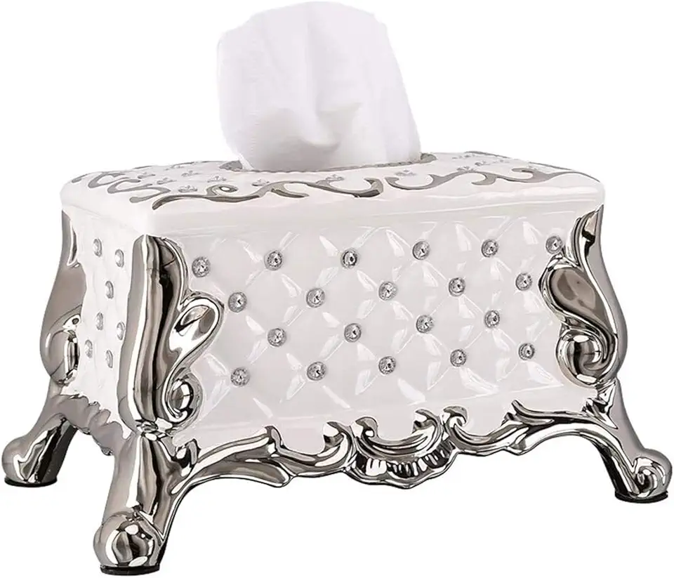 Tissue Box Cover Case Household Classical Diamond Pattern Napkin Holder with Plating Sliver Base Facial Tissue Dispenser Paper Towel Rack for Home Office (Color : Blue) (White)