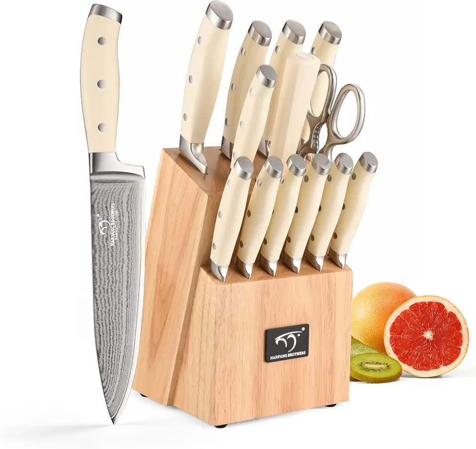 Knife Set, 14 Pieces Damascus Kitchen Knife Set with Block, ABS Ergonomic Handle for Chef Knife Set, Knife Sharpener and Kitchen Shears, Knife Block Set for Chopping, Slicing & Cutting