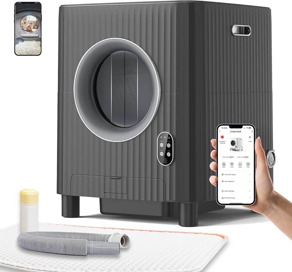[Upgraded] Charmkit Self Cleaning Cat Litter Box,Automatic Door for Cat Litter Box,Large Capacity Automatic Cat Litter Box with APP Control, Video Monitor/Anti-Pinch/Odor-Removal/5G/2.4G(Black)