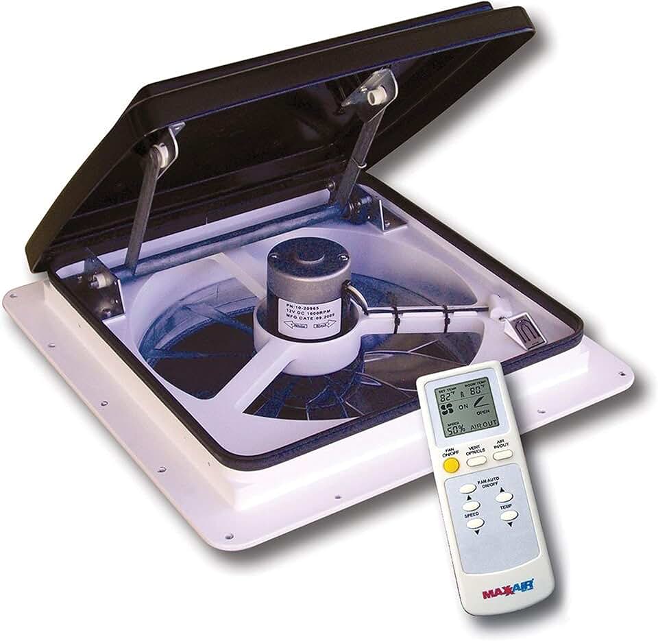 Maxxfan Plus High Powered 10-Speed RV Intake and Exhaust Fan - Manual or Remote Control Electric Opening, Easy Ceiling Controls, Rain Sensor with Automatic Lid Closure, Smoke (00-04500K)