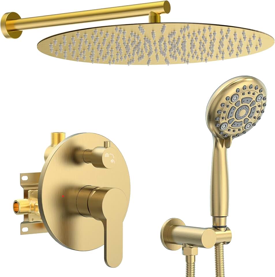 SR SUN RISE Gold Shower System - 10 Inch Rain Shower Faucet Set - 6 Setting High Pressure Handheld Shower Head Fixtures- Valve Included Shower Head System(Brushed Gold)