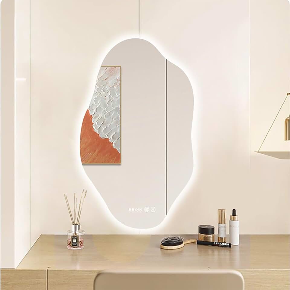 Irregular Backlit LED Bathroom Mirror For Wall Bathroom Lighted Vanity Mirror With Lights Anti-Fog Large Frameless Backlit Bathroom 3 Color Dimmable Smart Light Up Mirror Clock Temperature Shatter-Pro