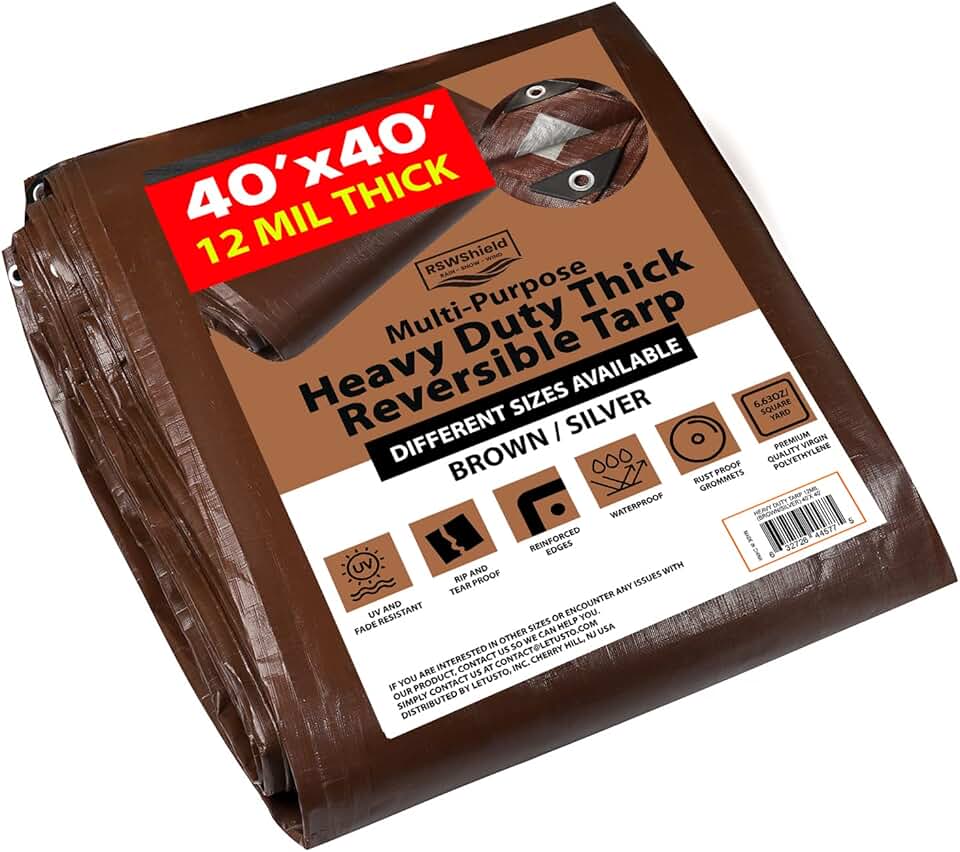 [40'X40'] RSW Heavy Duty Waterproof 12 Mil Safety Reversible Tarp Cover, UV Resistant, Rip and Tear Proof Tarpaulin with Reinforced Edges - for Roof, Camping, Patio, Pool Cover, Boat (Brown/Silver)