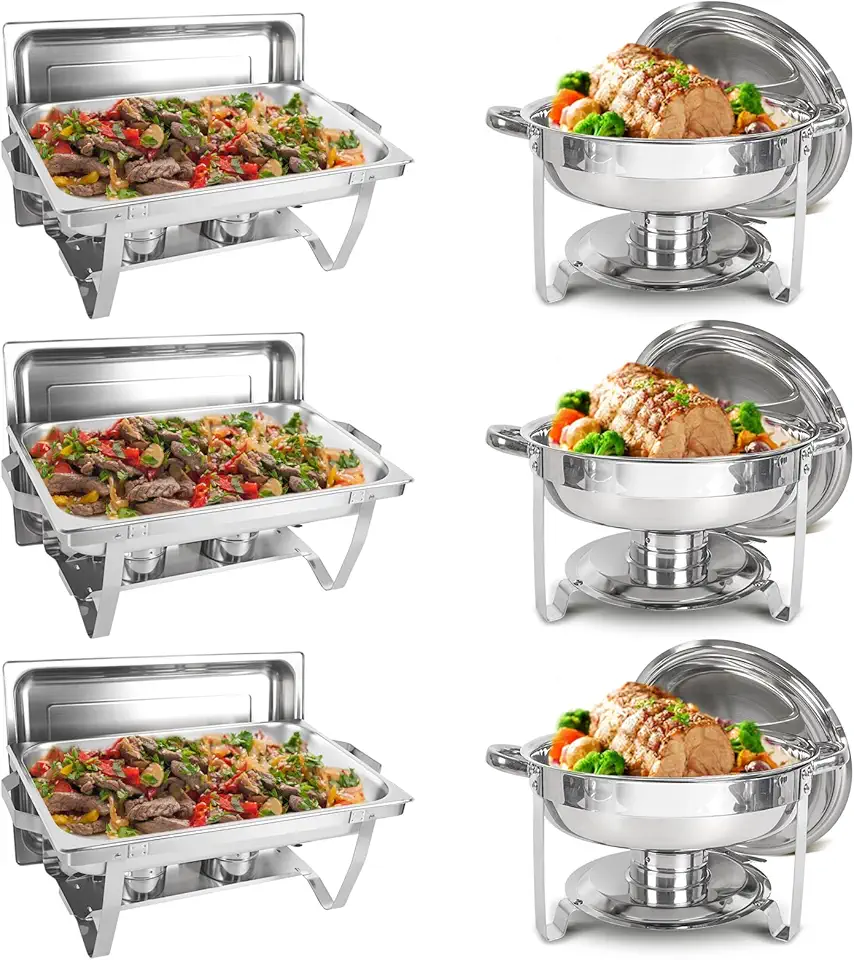Chafing Dish Buffet Set 6 Packs, 5QT Round& 8QT Rectangle Stainless Steel Chafer for Catering, Chafers and Buffet Warmer Sets w/Food & Water Pan, Lid, Fuel Holder for Event Party Holiday