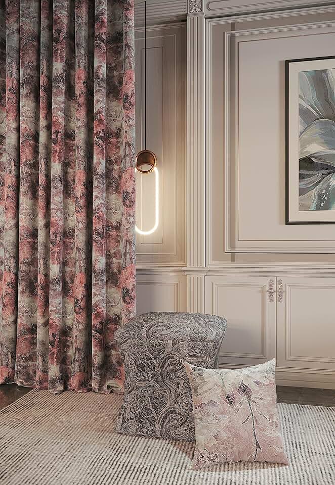 Terracotta Curtains 102 Inch Length for Living Room 1 Panel Floral Curtains Sparkle Semi Blackout Linen Curtains for Bedroom Boho Farmhouse Decor (Pinch Pleated Curtains, 63