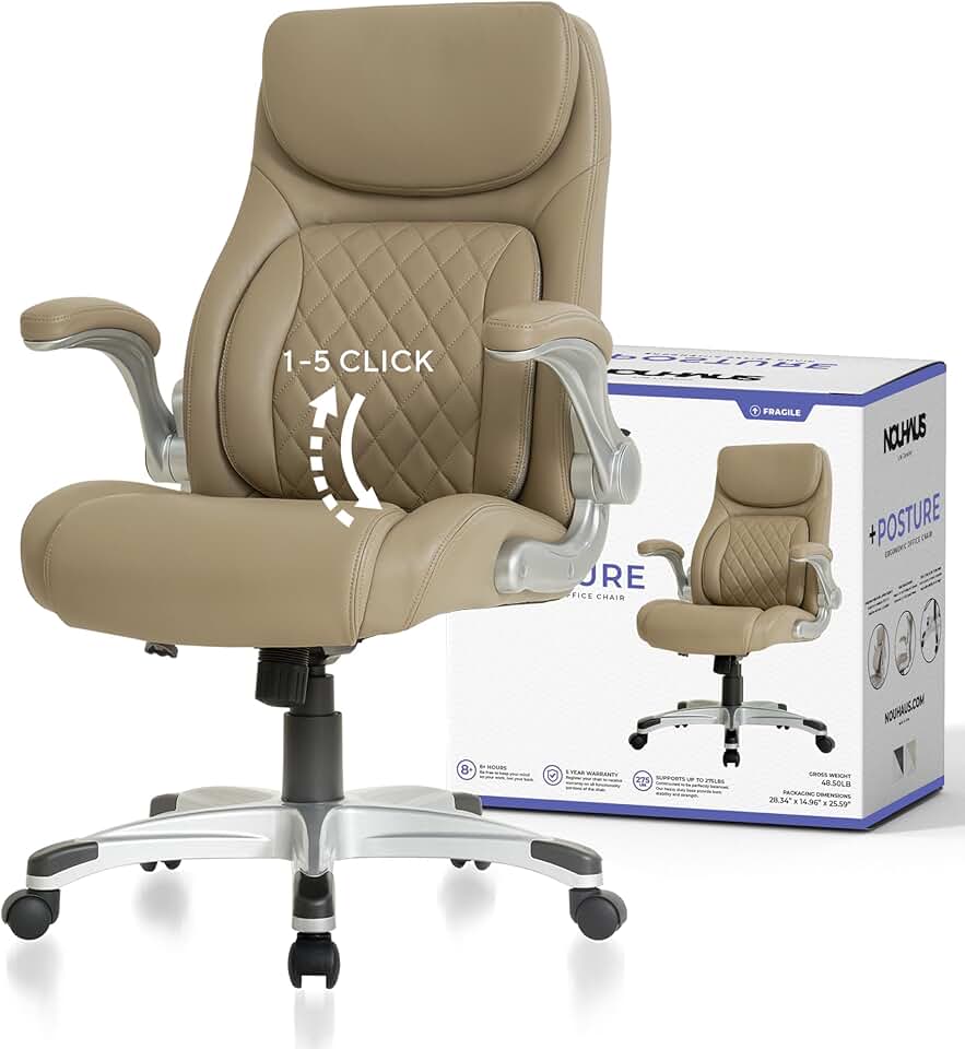 Nouhaus +Posture Ergonomic PU Leather Office Chair. Click5 Lumbar Support with FlipAdjust Armrests. Modern Executive Chair and Computer Desk Chair (Taupe)
