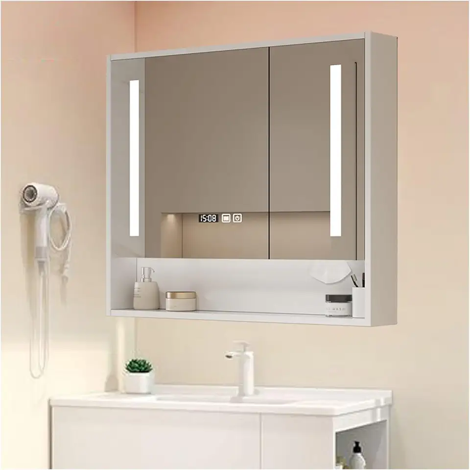 Mirror Medicine Cabinet with Three-color Lights, Modern Medicine Cabinet with Light Brightness, Color Adjustment & Anti-Fog, Bathroom Vanity, Wall mounted, for Bathroom Laundry Room Kitchen(White,70cm