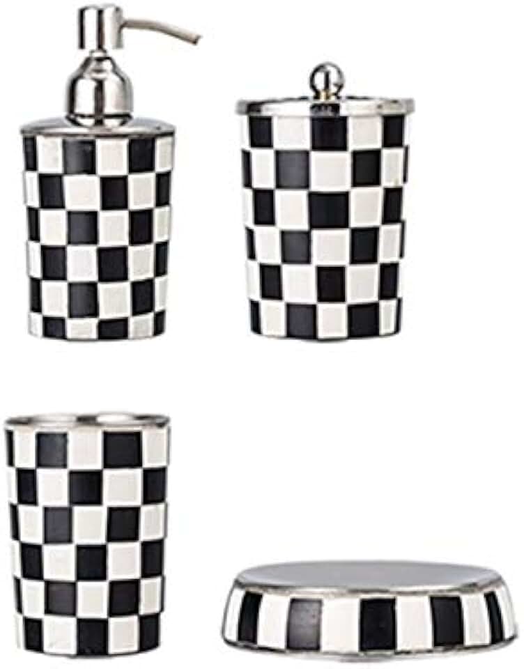 Automatic soap Dispenser Beef Bone Bathroom Set, Lotion Bottle Toothbrush Cup Mouthwash Cup Soap Dish 4-Piece Set Black and White Grid Soap Dispenser Home, Bathroom, etc.