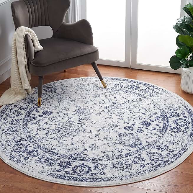 SAFAVIEH Adirondack Collection Area Rug - 8' Round, Ivory & Navy, Oriental Distressed Design, Non-Shedding & Easy Care, Ideal for High Traffic Areas in Living Room, Bedroom, Dining (ADR109M-8R)