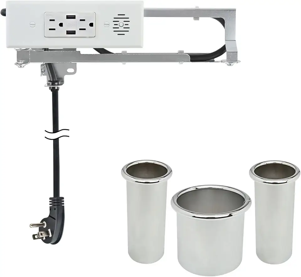 in-Drawer Outlet & Canister Tube Bundle | Docking Drawer Blade (2AC Outlets & 2 USB-A Ports) | Chrome Tube Canisters (3, 2, 2