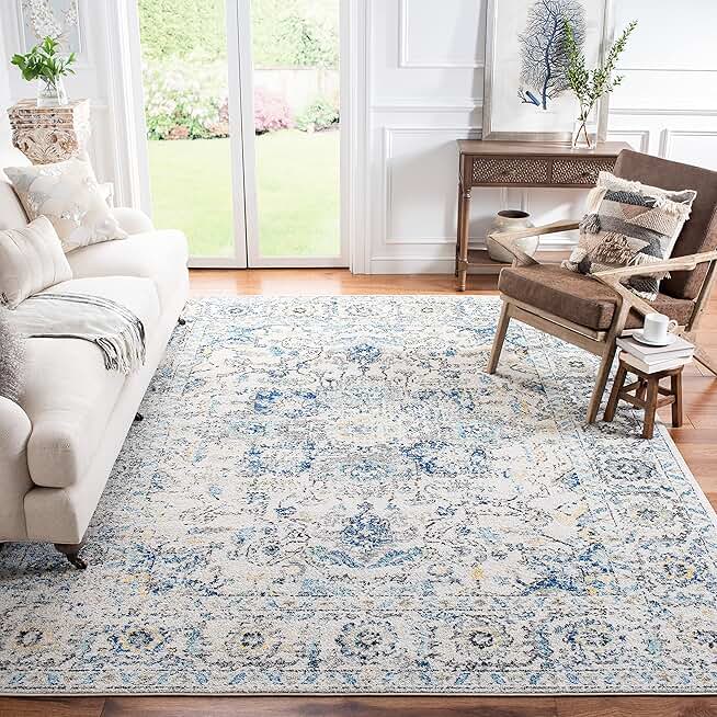 SAFAVIEH Madison Collection Area Rug - 8' Square, Grey & Ivory, Oriental Snowflake Medallion Distressed Design, Ideal for High Traffic Areas in Living Room, Bedroom, Dining (MAD603F-8SQ)