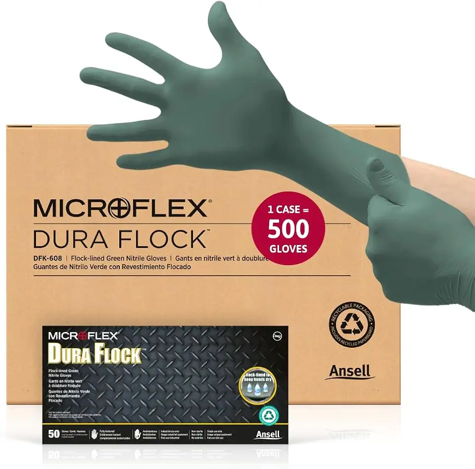 MICROFLEX Dura Flock DFK-608 Thick 11mil Nitrile Gloves w/Flock Lining for Automotive, Aftermarket, Machinery - Medium, Green (Case of 500)