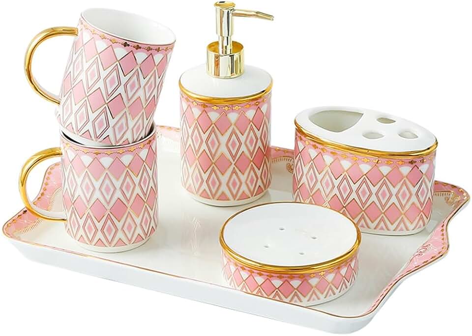 GYLXW Ceramics Wash Supplies Toothbrush Cup Shampoo Lotion Bottle Toothbrush Holder Soap Box 6 Piece Set