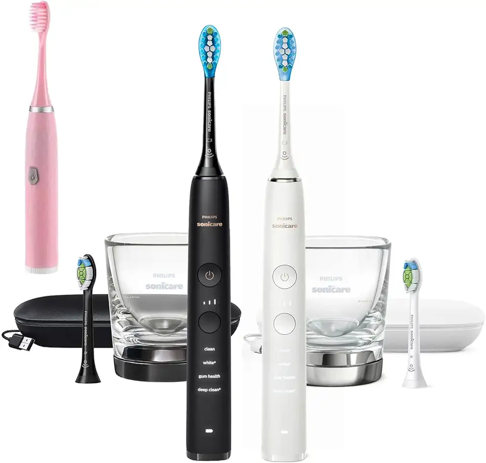 PHILIPS Sonicare DiamondClean 9000 Connected Rechargeable Electric Power Toothbrush, 2-Pack, Black + White - Bluetooth, 3 Intensities, 2 Weeks Operating time - BROAG Random Color Electric Toothbrush