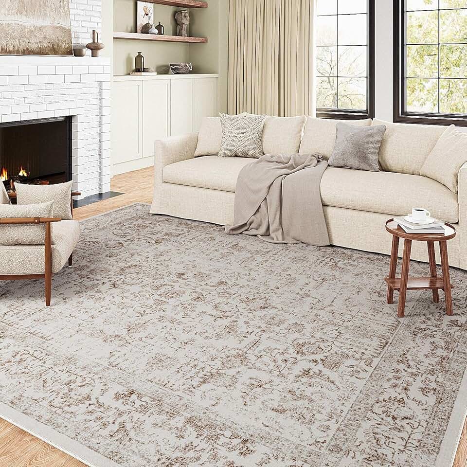 Light Brown Area Rug 10x14 Indoor Vintage Living Room Large Carpet Washable Distressed Rug Floral Bedroom Rug Retro Accent Throw Rug for Office Dining Room Nursery