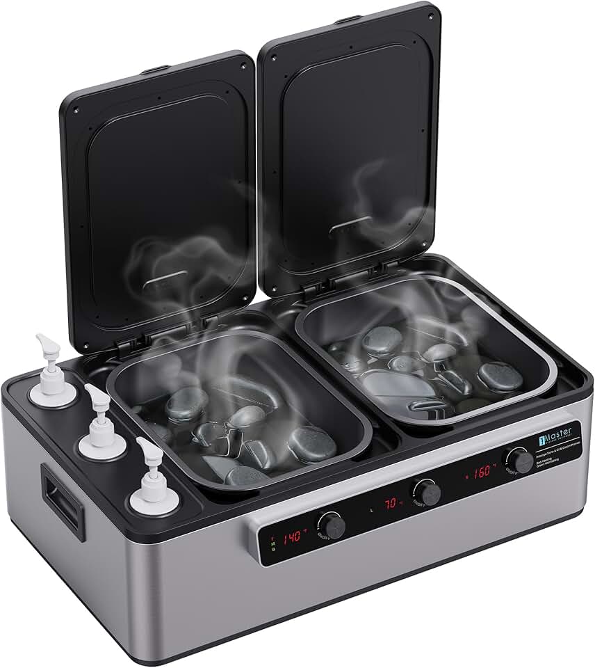 Master Massage Professional Electric 2IN1 Massage Stone Heater & 3 Bottle Massage Oil & Lotion &Gel Warmer-Digital Multifunctional Heating Equipment Combo