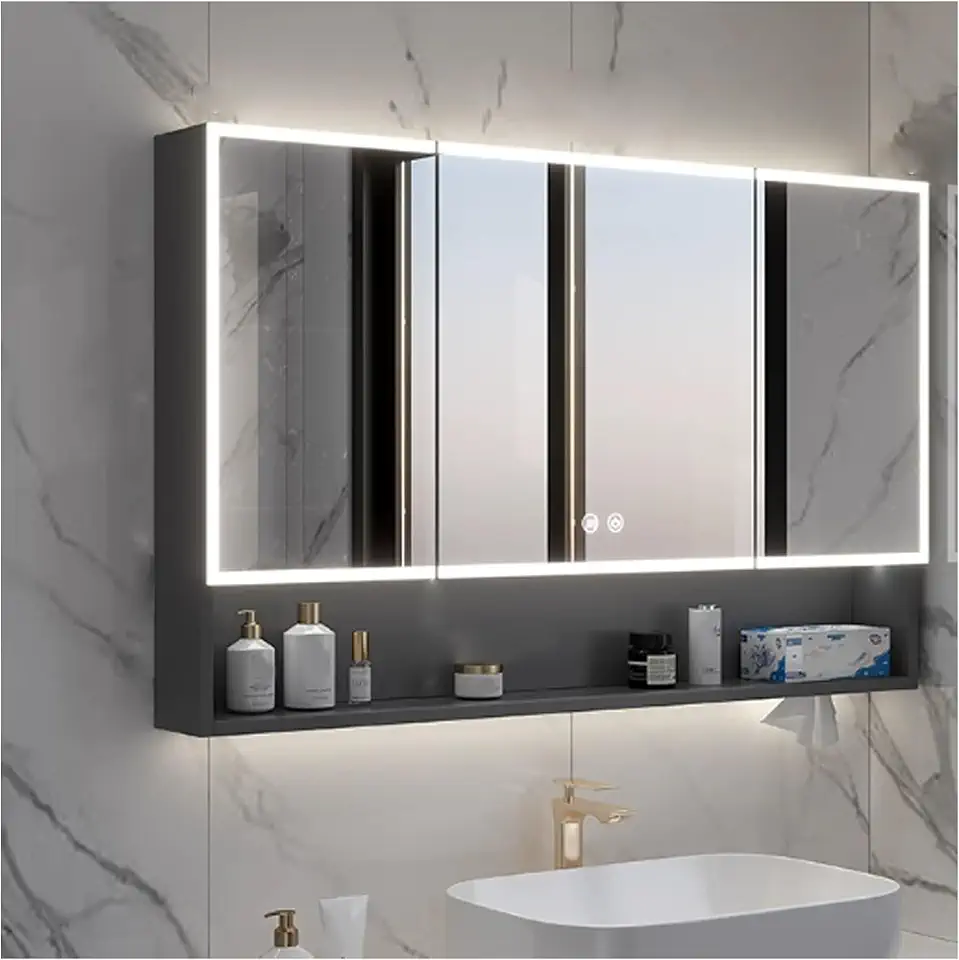 Medicine Cabinet with LED Lights, Modern bathroom cabinet, Bathroom Vanity with Defog, wall cabinets for bathroom storage, above toilet storage cabinet, for Bathroom Laundry Room Kitchen(Gray,90*13*70