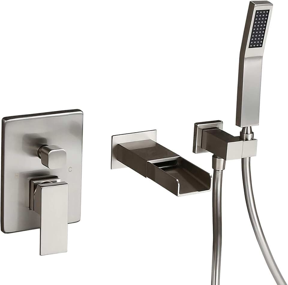 Homary Waterfall Spout Wall Mounted Tub Faucet Brushed Nickel for Bathroom Modern Single Handle Wall Bathtub Filler with Hand Shower, Solid Brass