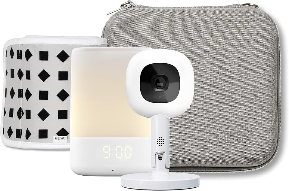 Nanit Travel Light Bundle: Nanit Pro Camera with Portable Flex Stand, Sound + Light Audio Monitor & Baby Night Light, and Travel Case - Gray Oxford Edition
