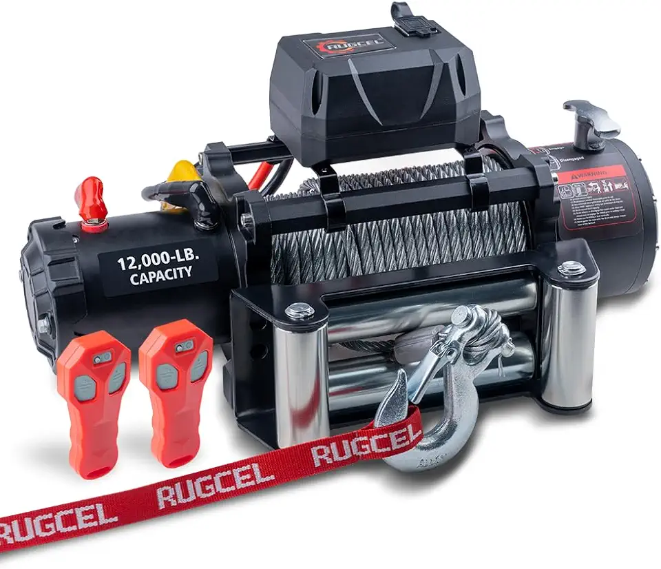 RUGCEL WINCH 12000lb Waterproof Electric Black Steel Rope Winch with Roller Fairlead, Wired Handle and 2 Infrared Remote