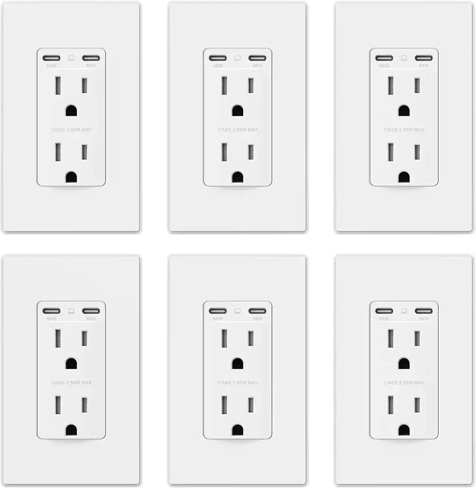 ELEGRP 65W Ultra-Speed USB C Outlet Receptacle for Laptop, 15 Amp Wall Outlet with USB C Ports, Tamper Resistant USB Outlet, Wall Plate Included, UL Listed, 6 Pack, Matte White