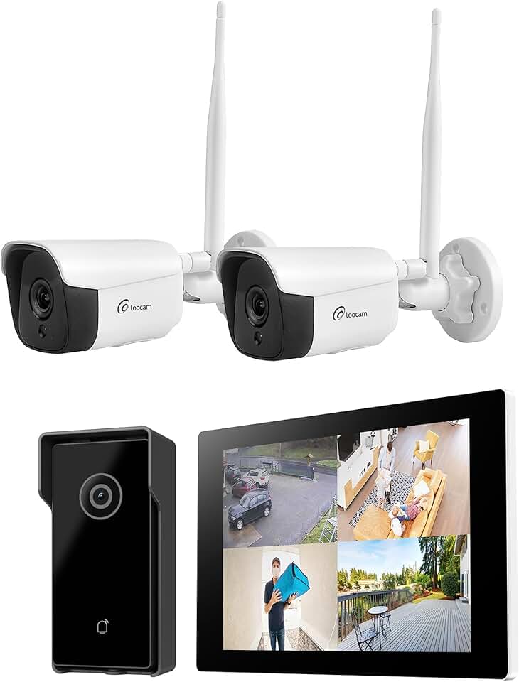 3MP Wireless Security Camera System with 10.1'' Touchscreen Monitor, 64GB SSD Built-in, 2PCS Security Camera Outdoor and 1PCS Video Doorbell, Two Way Audio, Smart Motion Detection