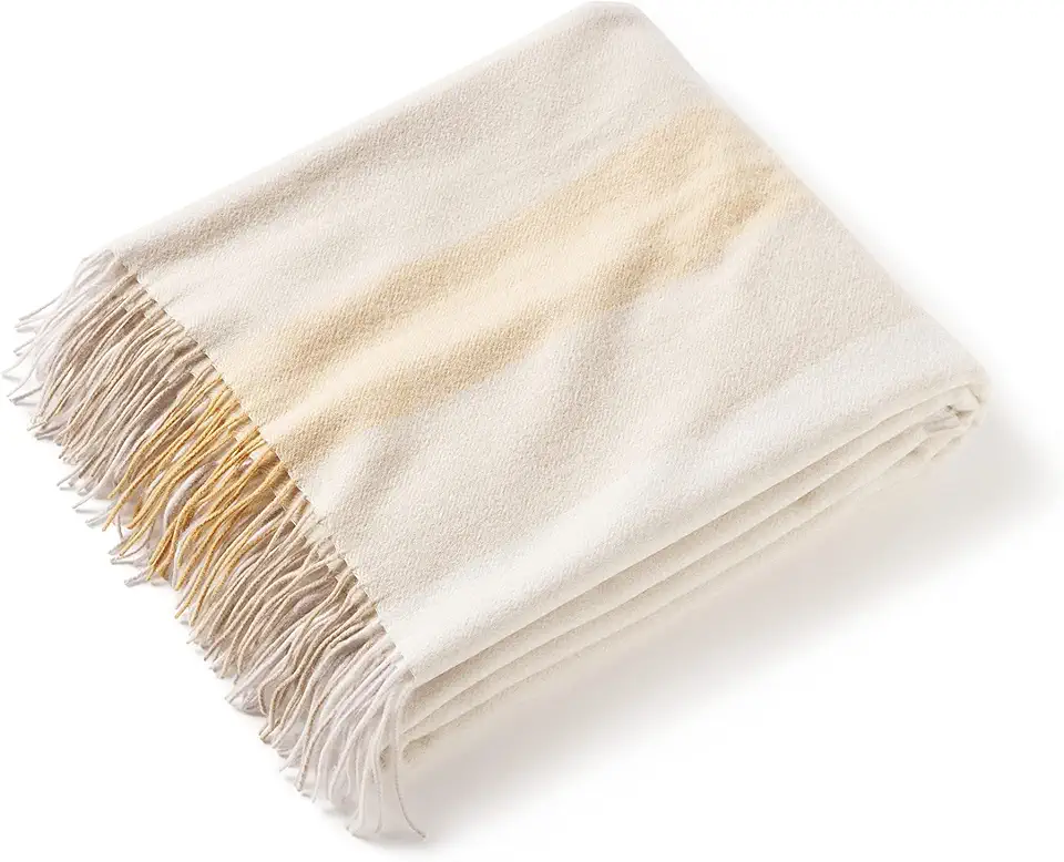 State Cashmere Multicolored Striped Home Throw Blanket with Decorative Fringe 100% Pure Cashmere Ultra Soft Accent Blanket for Couch, Sofa & Bed (Eggshell/Tan/Marigold, 70