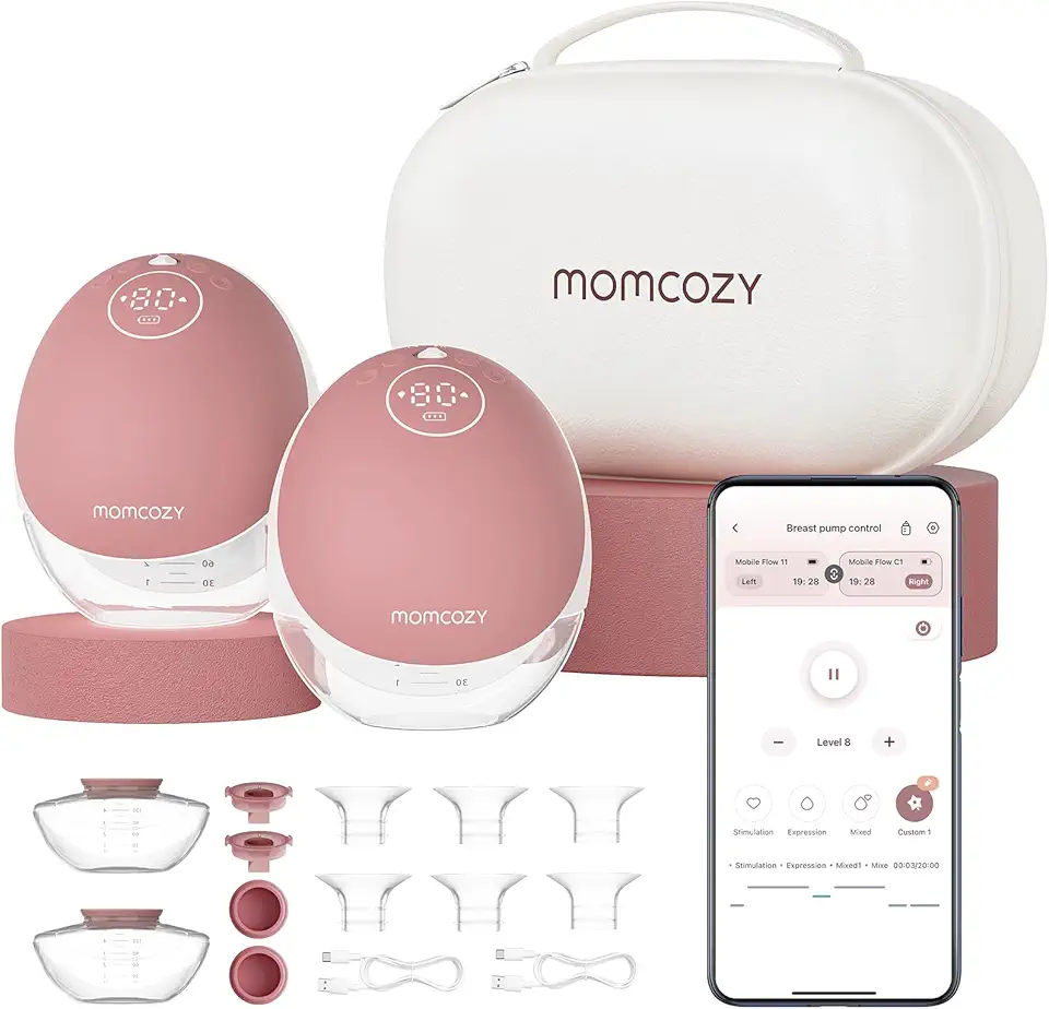 Momcozy Breast Pump Hands Free Mobile Flow | M9, App Discreet Control with Personalized Multi-Modes & 15 Levels, Independent Breastmilk Storage, Wearable Breast Pump M9 24mm, 2 Pack Cozy Red