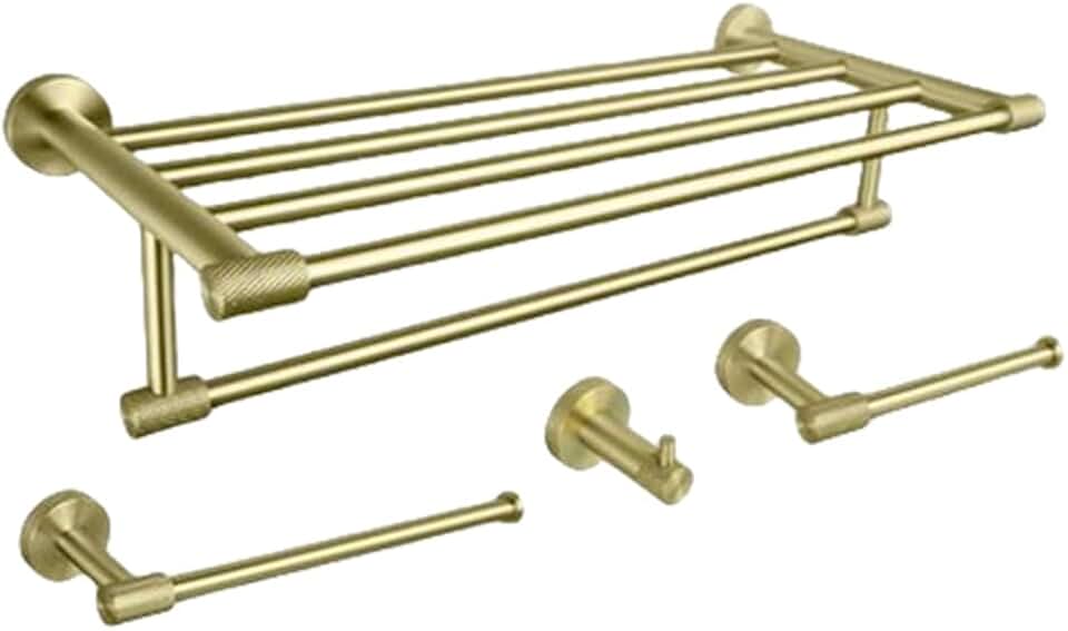 Brushed Gold Wall Mounted Towel Holder Toilet Roll Paper Holder Robe Hook Soap Dispenser Toilet Brush Bathroom Hardware Set,4 Pieces Set A