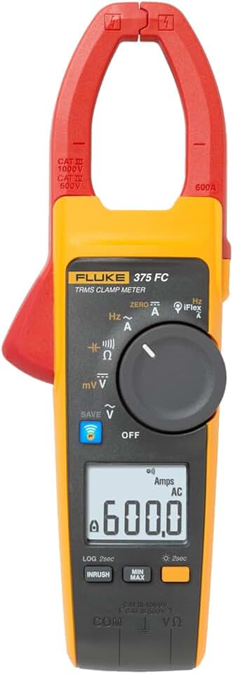 Fluke 375 FC True-RMS AC/DC Clamp Meter, Measures AC/DC Current To 600 A and AC/DC Voltage To 1000 V, CAT III 1000 V, CAT IV 600 V Safety Rating, Includes Batteries and Soft Carrying Case