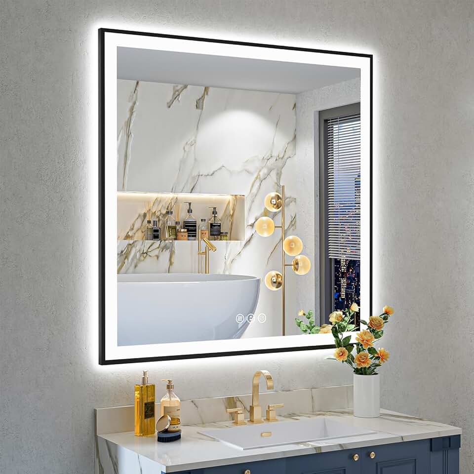 36x36 Inch LED Bathroom Mirror with Lights (Front Lit and Backlit) Black Framed Lighted Vanity Mirror for Bathroom Wall Dimmable Anti-Fog Memory Shatter-Proof Horizontal/Vertical