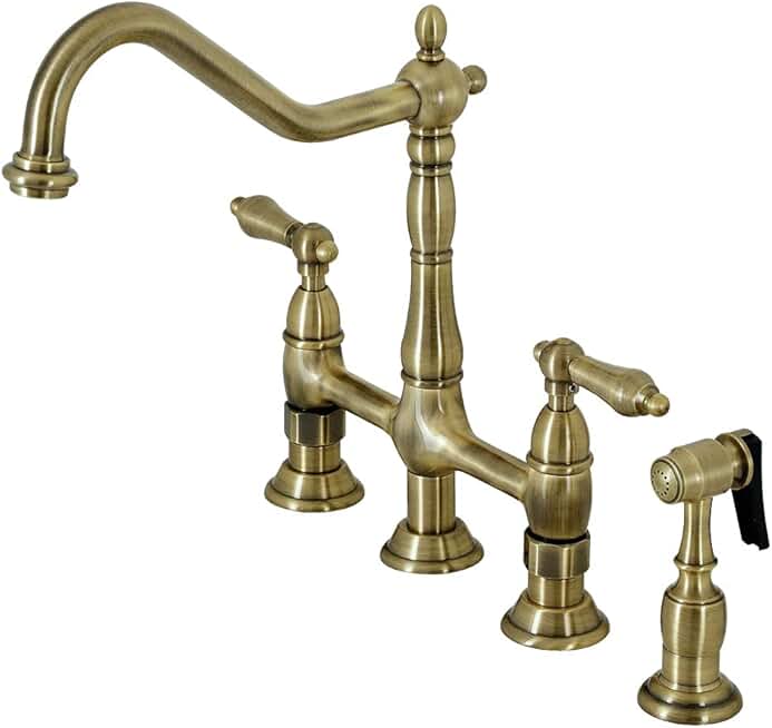 Kingston Brass KS1273ALBS Heritage 8-Inch Kitchen Bridge Faucet with Brass Sprayer, Antique Brass