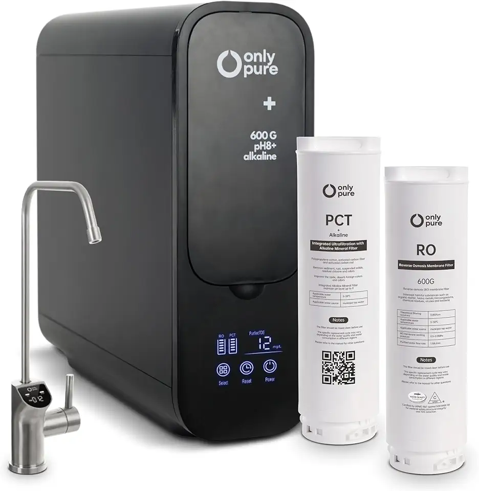 Reverse Osmosis System with Alkaline Filter, 600 GPD Fast Flow, NSF/ANSI 58 & NSF/ANSI/CAN 372 Certified, 2:1 Pure to Drain, Tankless Under Sink RO Water Filter System, Smart Faucet