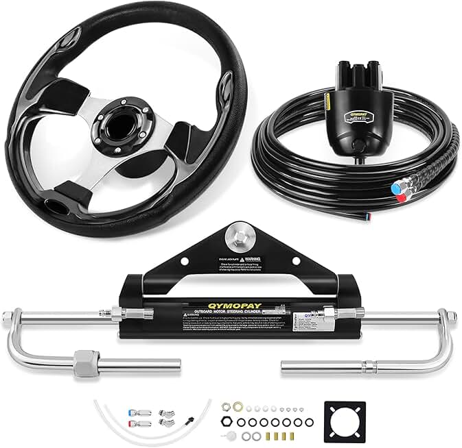 150HP Hydraulic Outboard Steering Kit, Marine Hydraulic Steering System with Bi-Directional Locking Cylinders and 24 ft High Strength Nylon Hose, Single Station, Single Engine Use