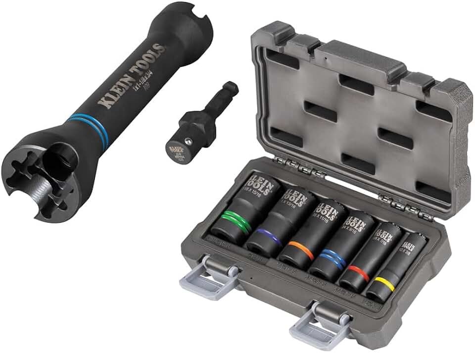 Klein Tools 660KIT1 1/2-Inch Drive Impact Socket Set with 5-in-1 Impact Socket and 6 Slotted Sockets, for Linemen and Utility Work, 8-Piece