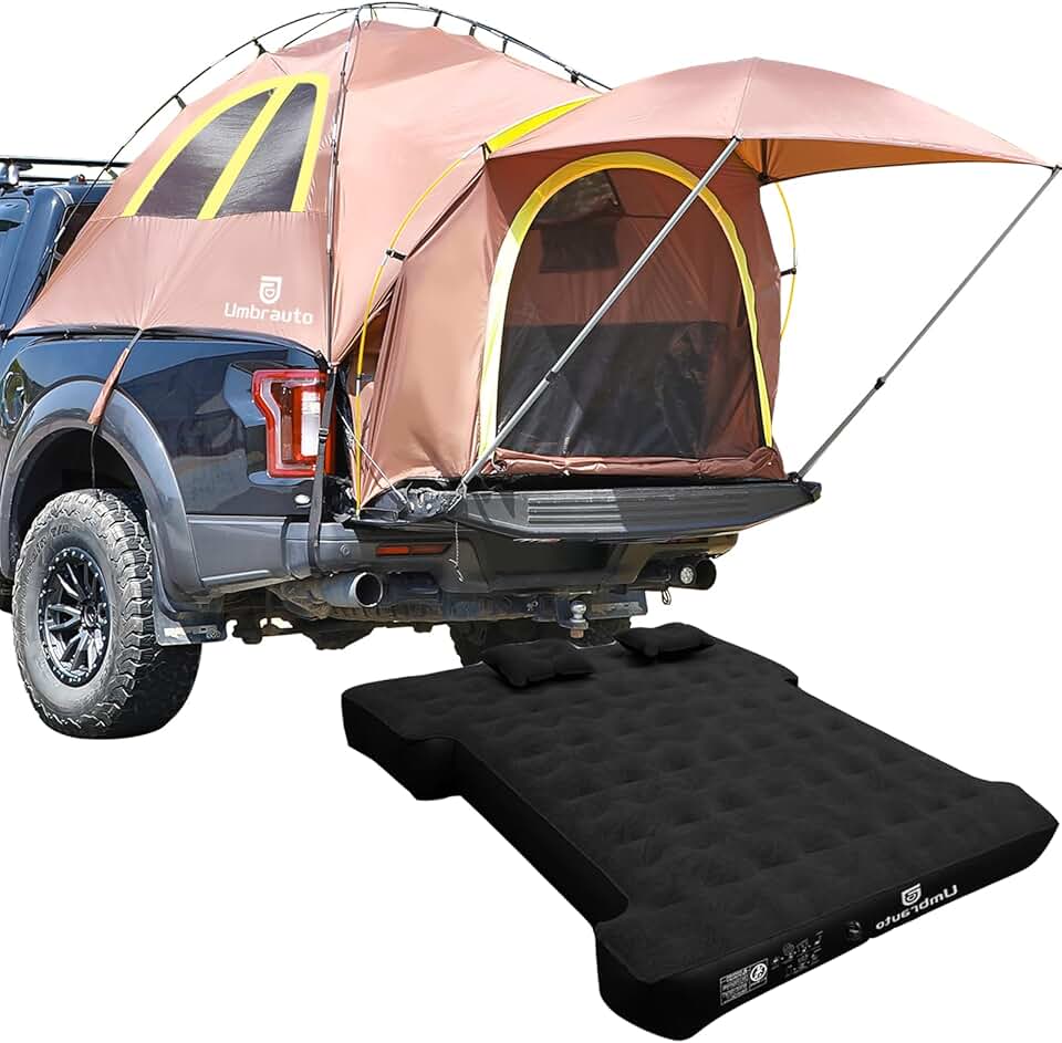 Umbrauto Truck Bed Tent Fits 6.4-6.7ft with Inflatable Truck Bed Mattress, PU3000mm Waterproof Pickup Truck Tents Camping Kit Brown
