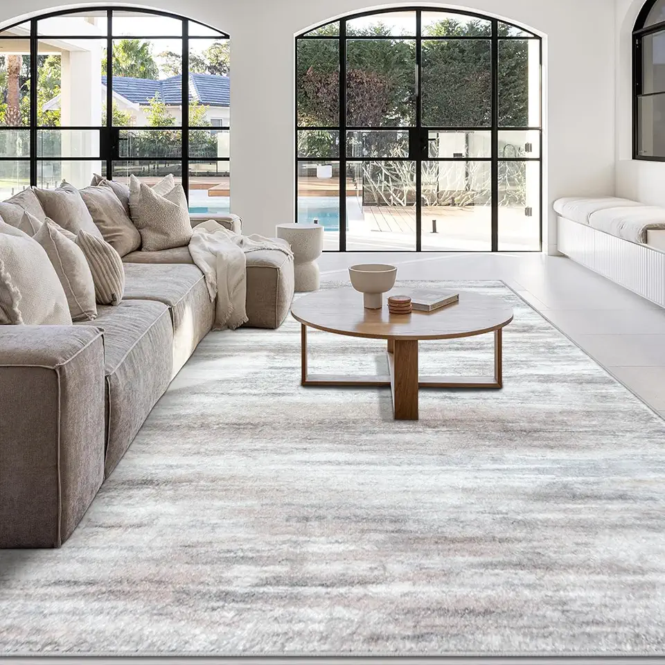 KOZYFLY 9x12 Area Rug Modern Ombre Rugs for Living Room, Washable Rugs Large Area Rugs Non-Slip Soft Striped Rug for Bedroom, Print Distressed Beige Abstract Carpet for Laundry/Kid Room